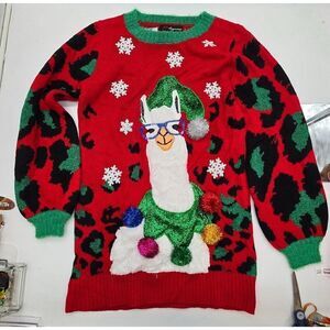 Ugly Christmas Llama Sweater With Pom-Poms & Glasses Red & Green XS 33 Degrees A